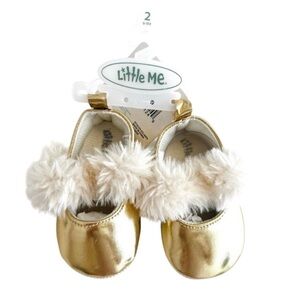 NWT Elegant Gold Infant Girl Slip On Dress Shoes w/ Faux Fur Accent, Baby Size 2